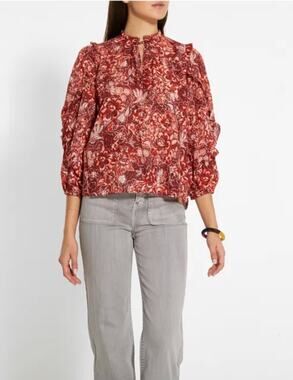 Ulla Johnson Rana Blouse Womens 2 Red Floral Boho Balloon Sleeve Cotton Blend